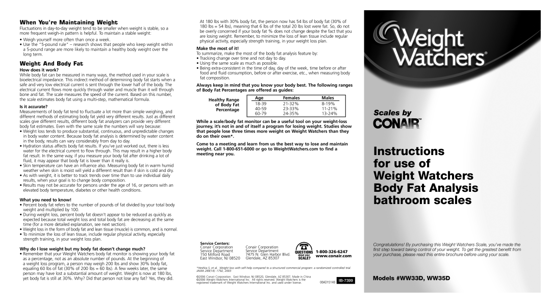 Conair brochure When You’re Maintaining Weight, Weight And Body Fat, Models #WW33D, WW35D 