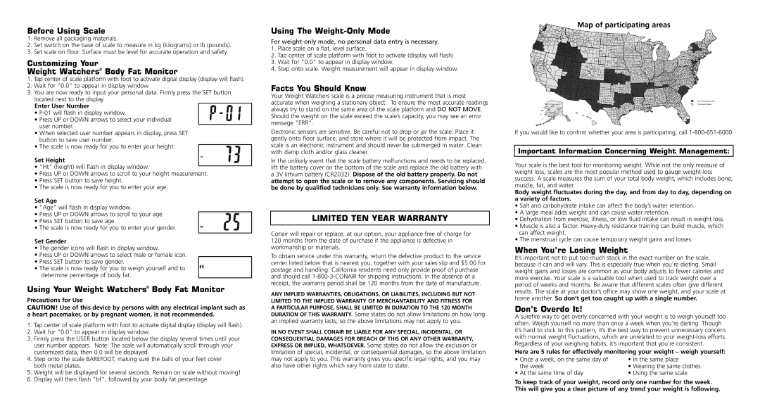 Conair WW33D, WW35D Before Using Scale, Customizing Your Weight Watchers Body Fat Monitor, Using The Weight-Only Mode 