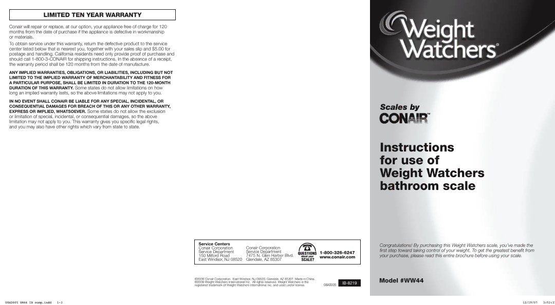 Conair warranty Limited TEN Year Warranty, Model #WW44 