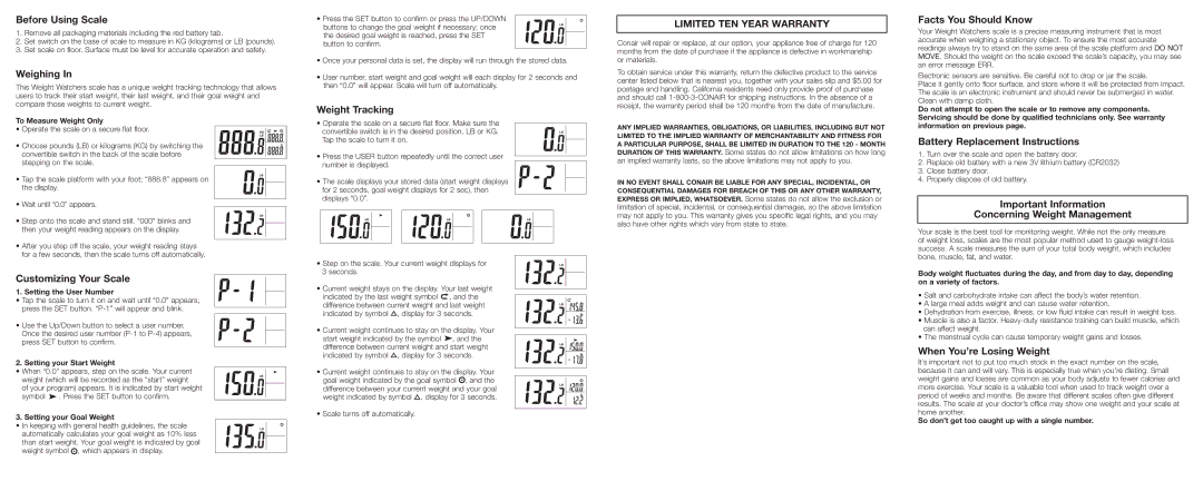 Conair WW45 brochure Before Using Scale, Weighing, Customizing Your Scale, Weight Tracking, Facts You Should Know 