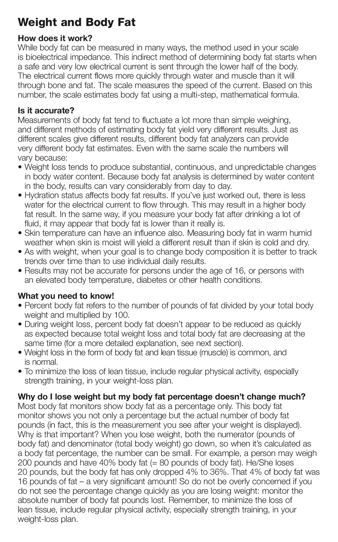 Conair WW66 brochure Weight and Body Fat, How does it work?, Is it accurate?, What you need to know 