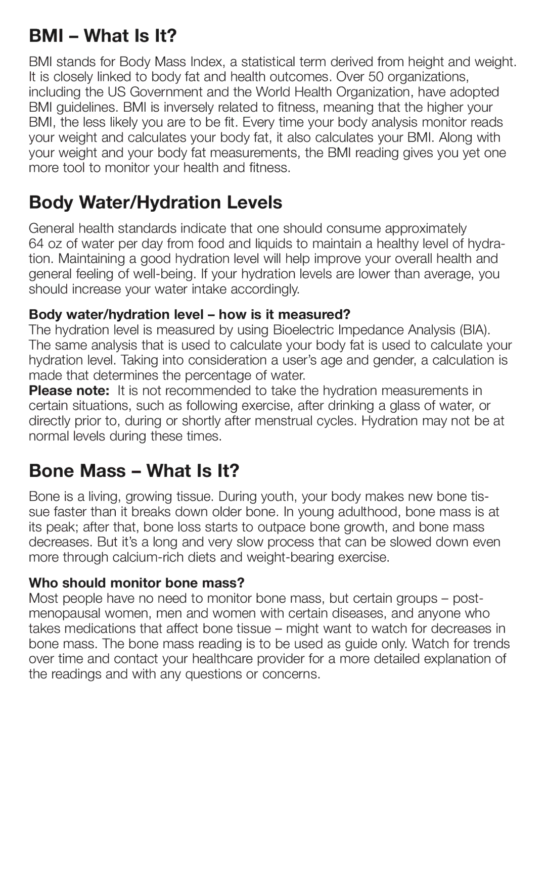 Conair WW66 brochure BMI What Is It?, Body Water/Hydration Levels, Bone Mass What Is It?, Who should monitor bone mass? 