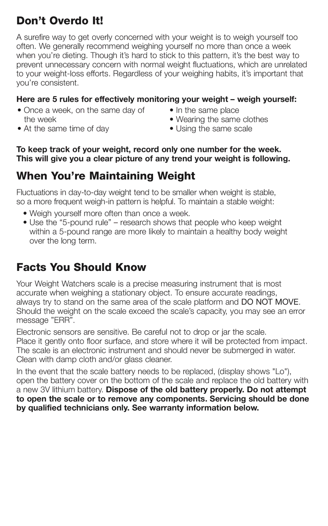 Conair WW66 brochure Don’t Overdo It, When You’re Maintaining Weight, Facts You Should Know 