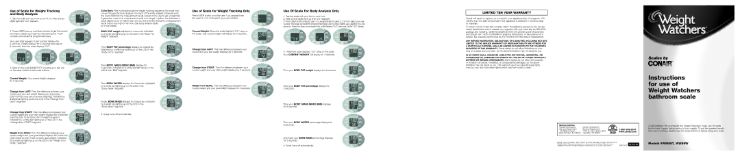 Conair WW89T, WW89W warranty Use of Scale for Weight Tracking and Body Analysis, Use of Scale for Weight Tracking Only 