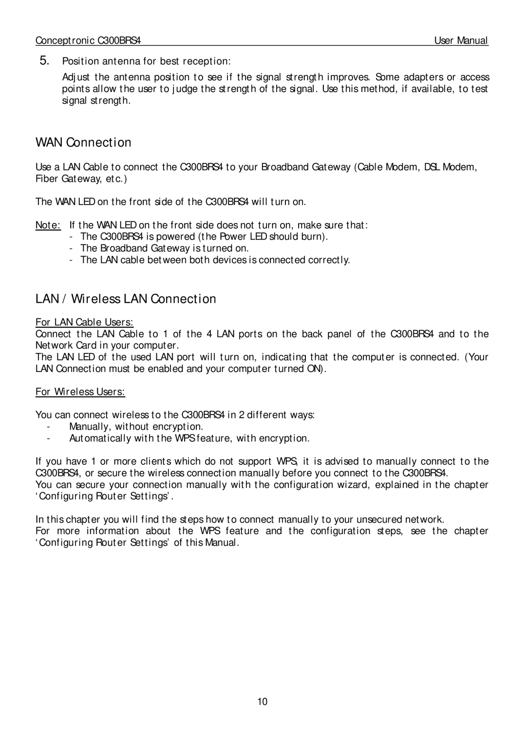 Conceptronic C300BRS4 user manual WAN Connection, LAN / Wireless LAN Connection, Position antenna for best reception 