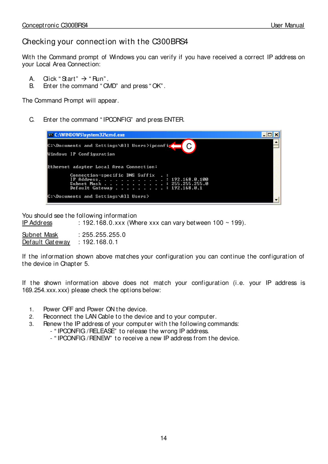 Conceptronic user manual Checking your connection with the C300BRS4, IP Address 