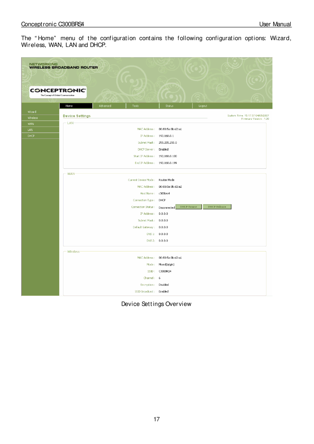 Conceptronic C300BRS4 user manual Device Settings Overview 