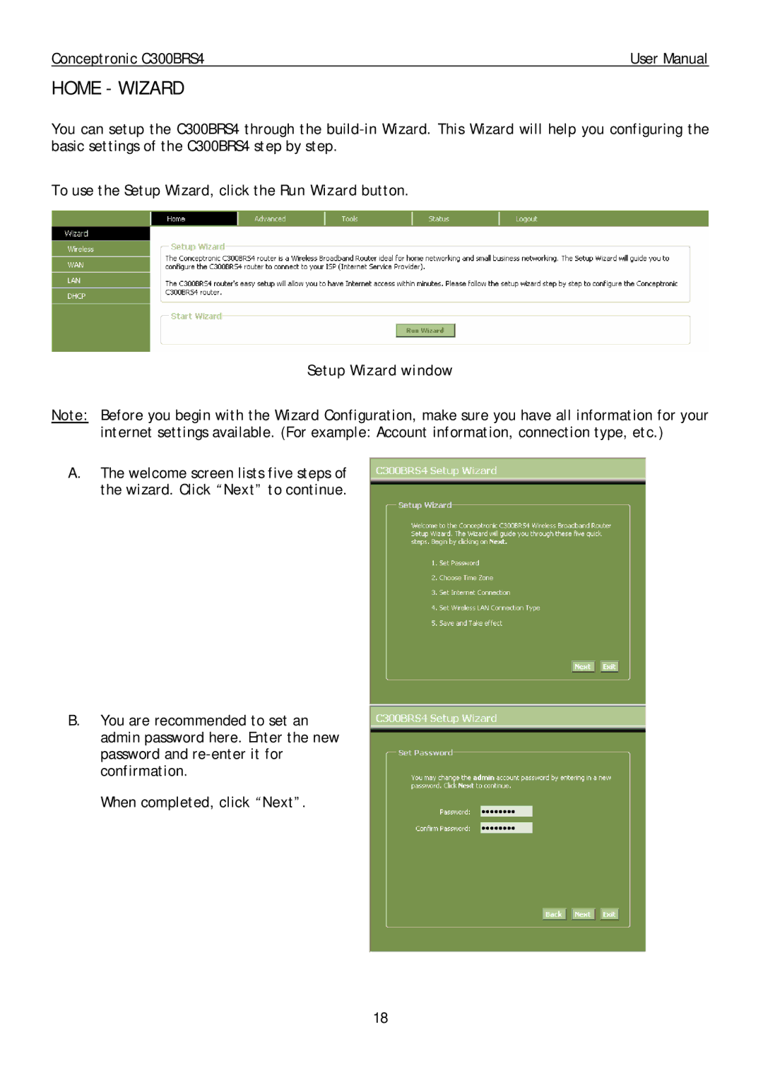 Conceptronic C300BRS4 user manual Home Wizard, Setup Wizard window 