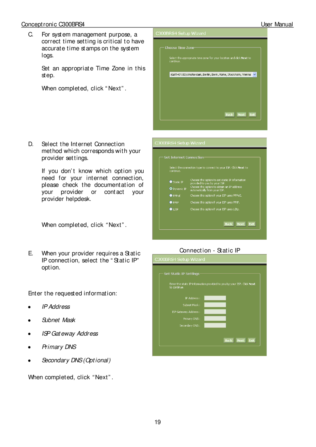 Conceptronic C300BRS4 user manual Connection Static IP 