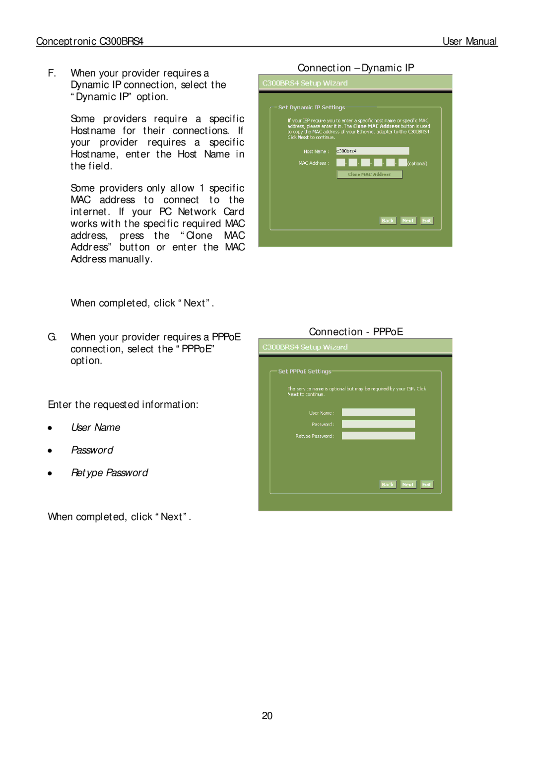 Conceptronic C300BRS4 user manual Connection Dynamic IP Connection PPPoE 