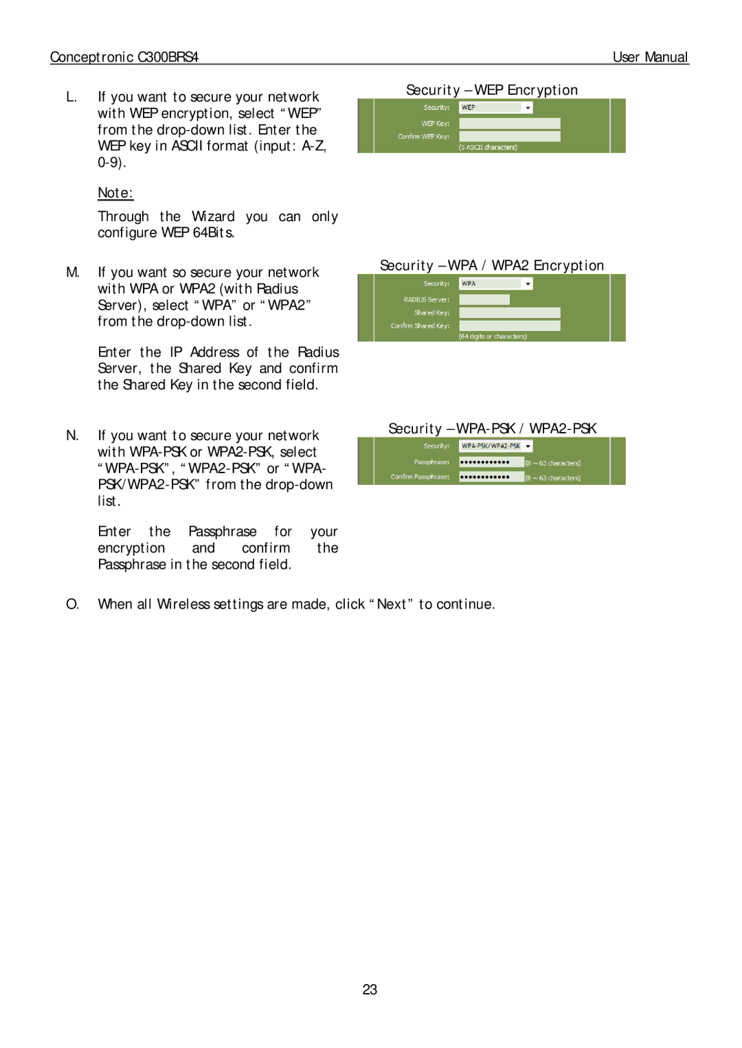 Conceptronic C300BRS4 user manual When all Wireless settings are made, click Next to continue 