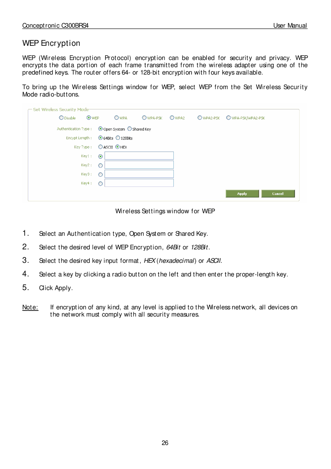 Conceptronic C300BRS4 user manual WEP Encryption, Wireless Settings window for WEP 