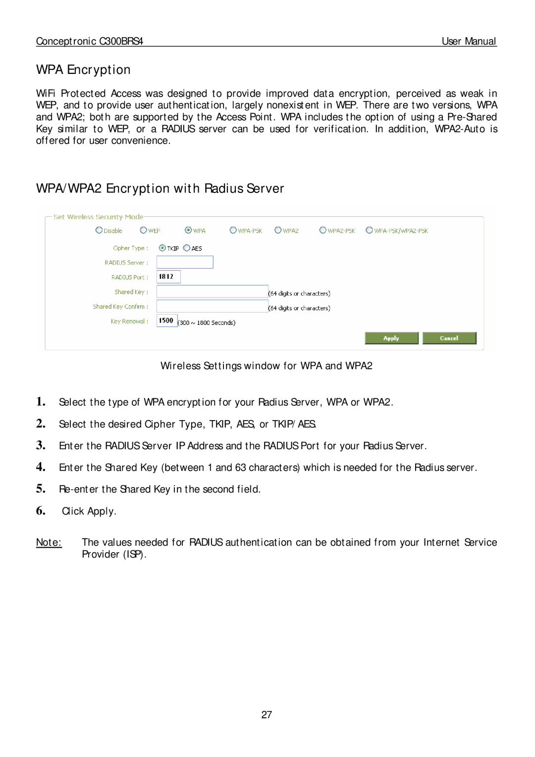 Conceptronic C300BRS4 WPA Encryption, WPA/WPA2 Encryption with Radius Server, Wireless Settings window for WPA and WPA2 