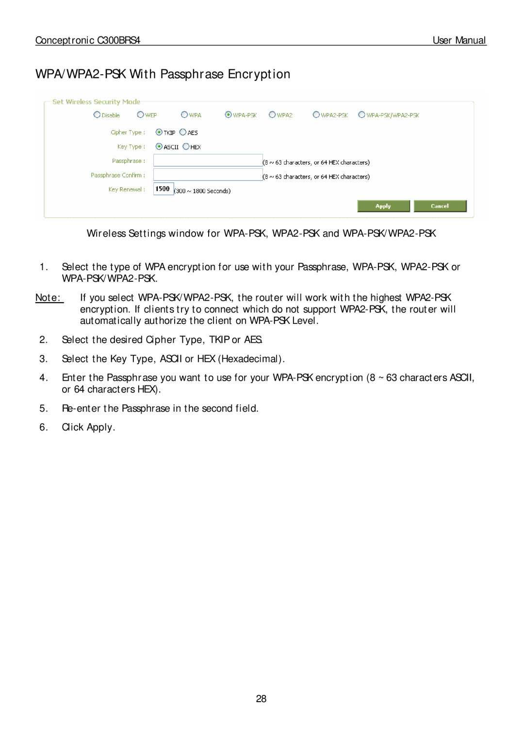 Conceptronic C300BRS4 user manual WPA/WPA2-PSK With Passphrase Encryption 