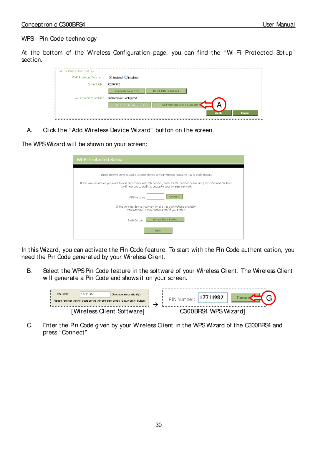 Conceptronic user manual WPS Pin Code technology, C300BRS4 WPS Wizard 