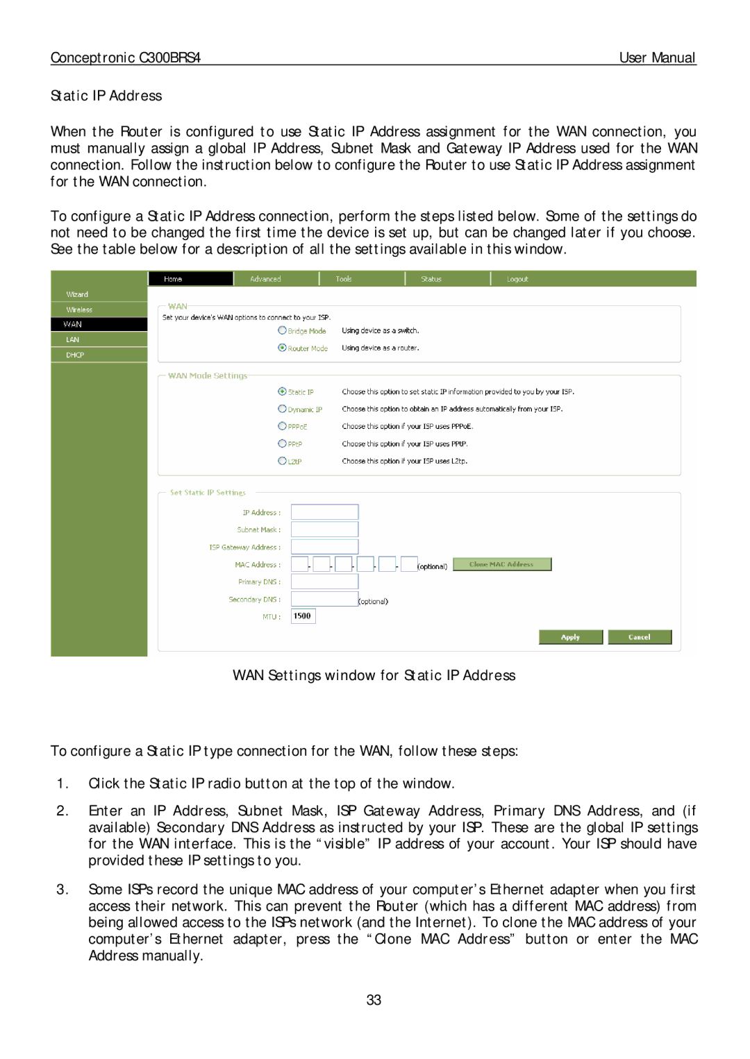 Conceptronic C300BRS4 user manual WAN Settings window for Static IP Address 