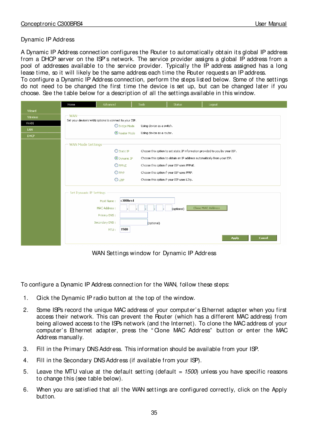 Conceptronic C300BRS4 user manual WAN Settings window for Dynamic IP Address 