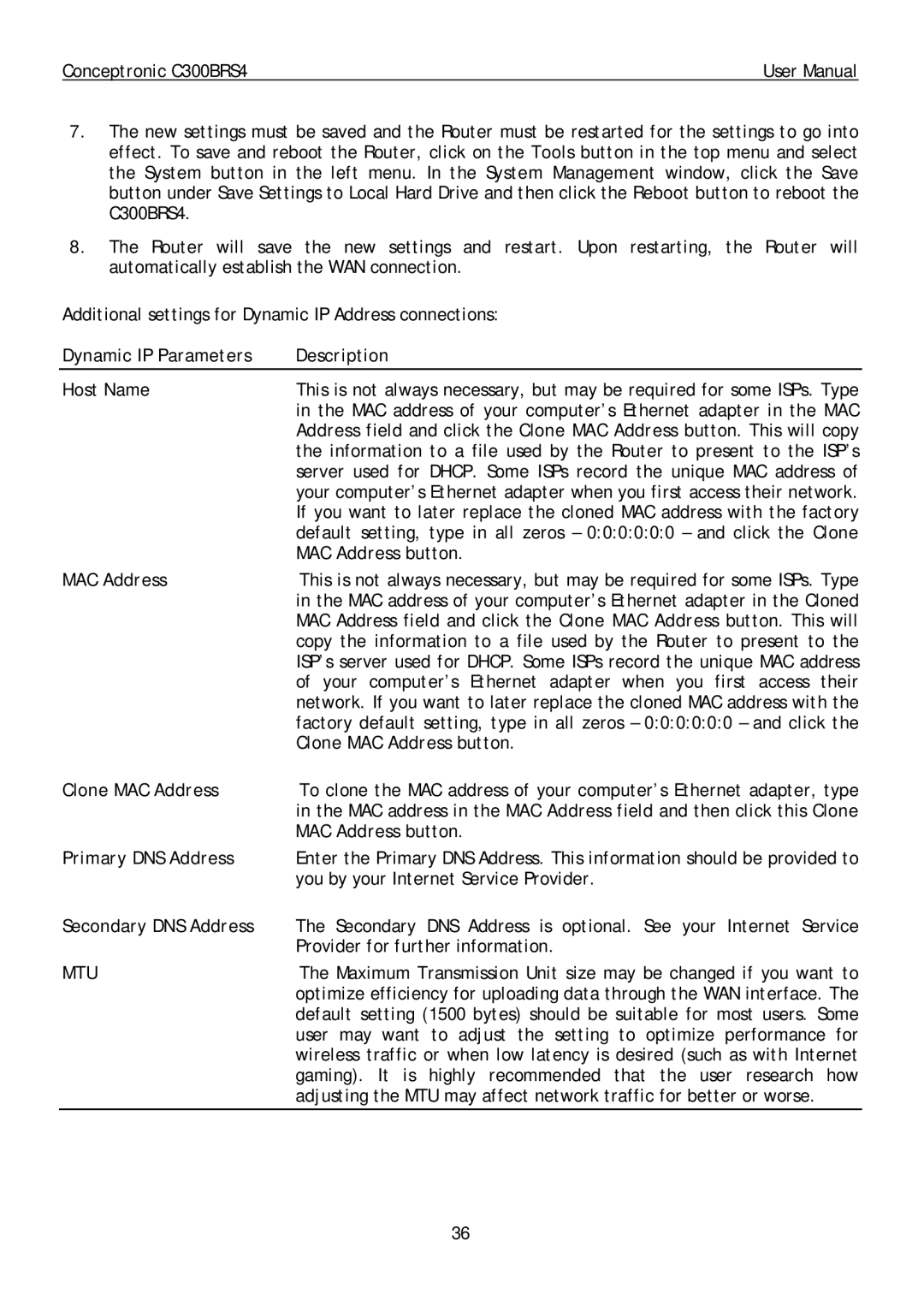 Conceptronic C300BRS4 user manual Dynamic IP Parameters Description Host Name, Clone MAC Address button 