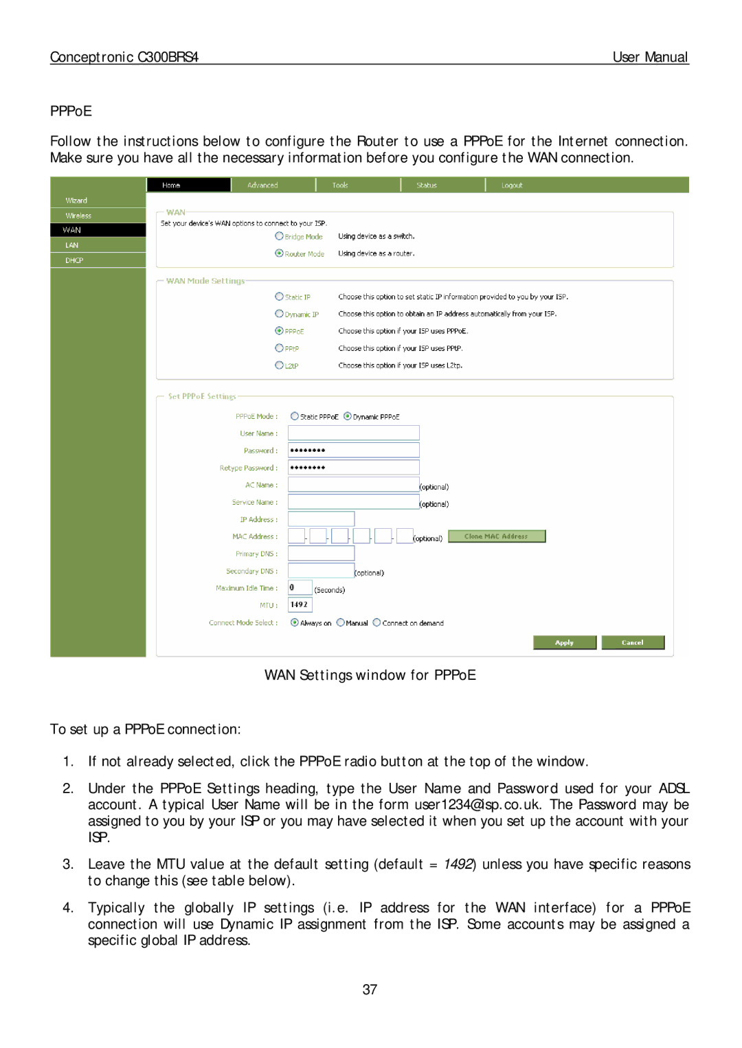 Conceptronic C300BRS4 user manual WAN Settings window for PPPoE 