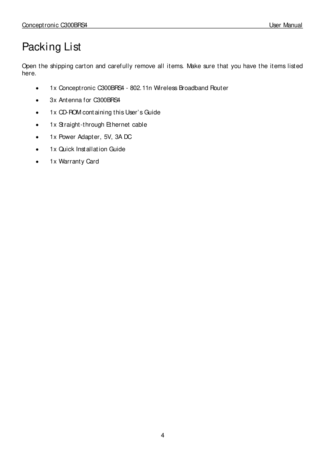 Conceptronic C300BRS4 user manual Packing List 