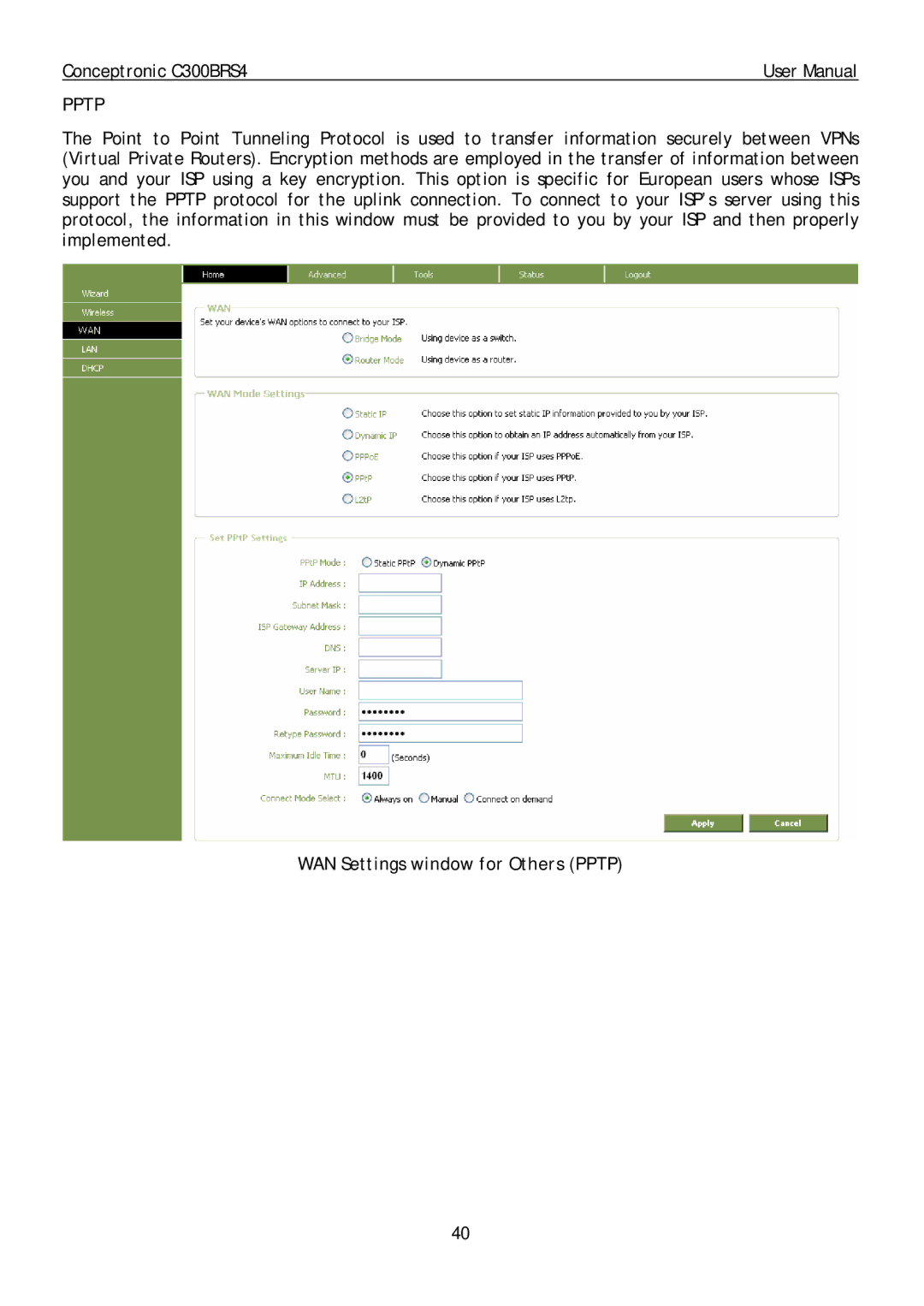 Conceptronic C300BRS4 user manual WAN Settings window for Others Pptp 