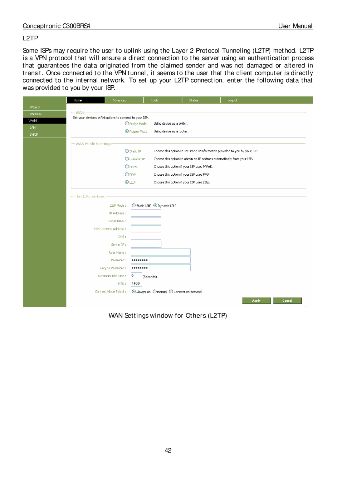 Conceptronic C300BRS4 user manual WAN Settings window for Others L2TP 