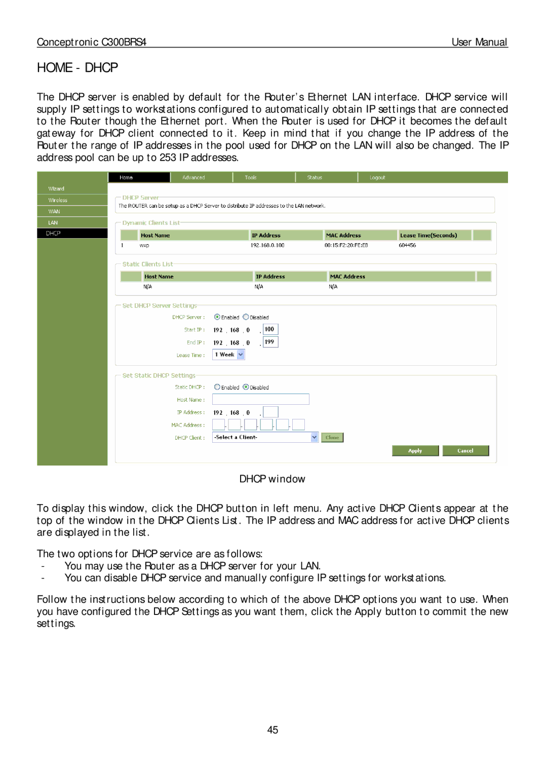 Conceptronic C300BRS4 user manual Home Dhcp, Dhcp window 
