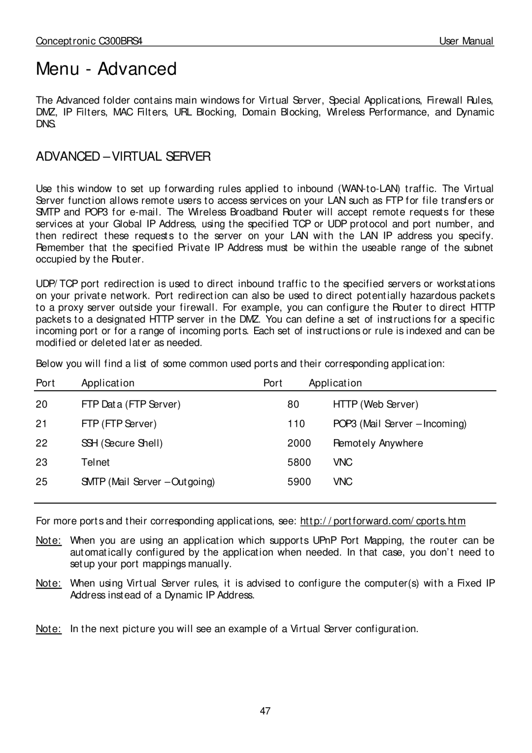 Conceptronic C300BRS4 user manual Menu Advanced, Advanced Virtual Server, Vnc, Smtp Mail Server Outgoing 5900 