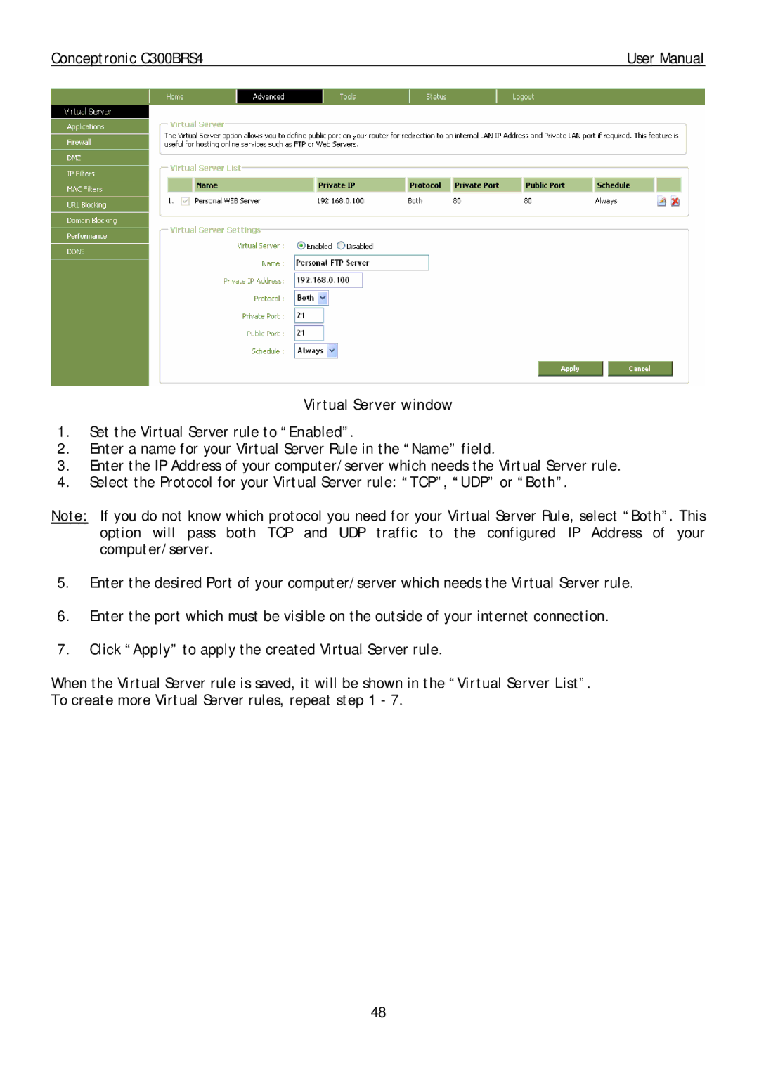 Conceptronic C300BRS4 user manual Virtual Server window 