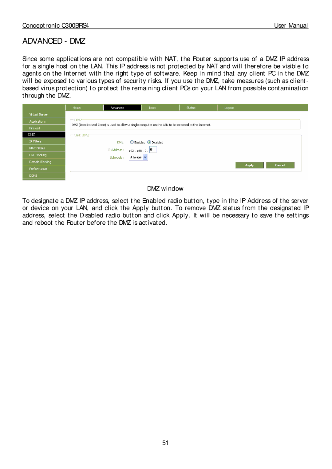 Conceptronic C300BRS4 user manual Advanced DMZ, DMZ window 