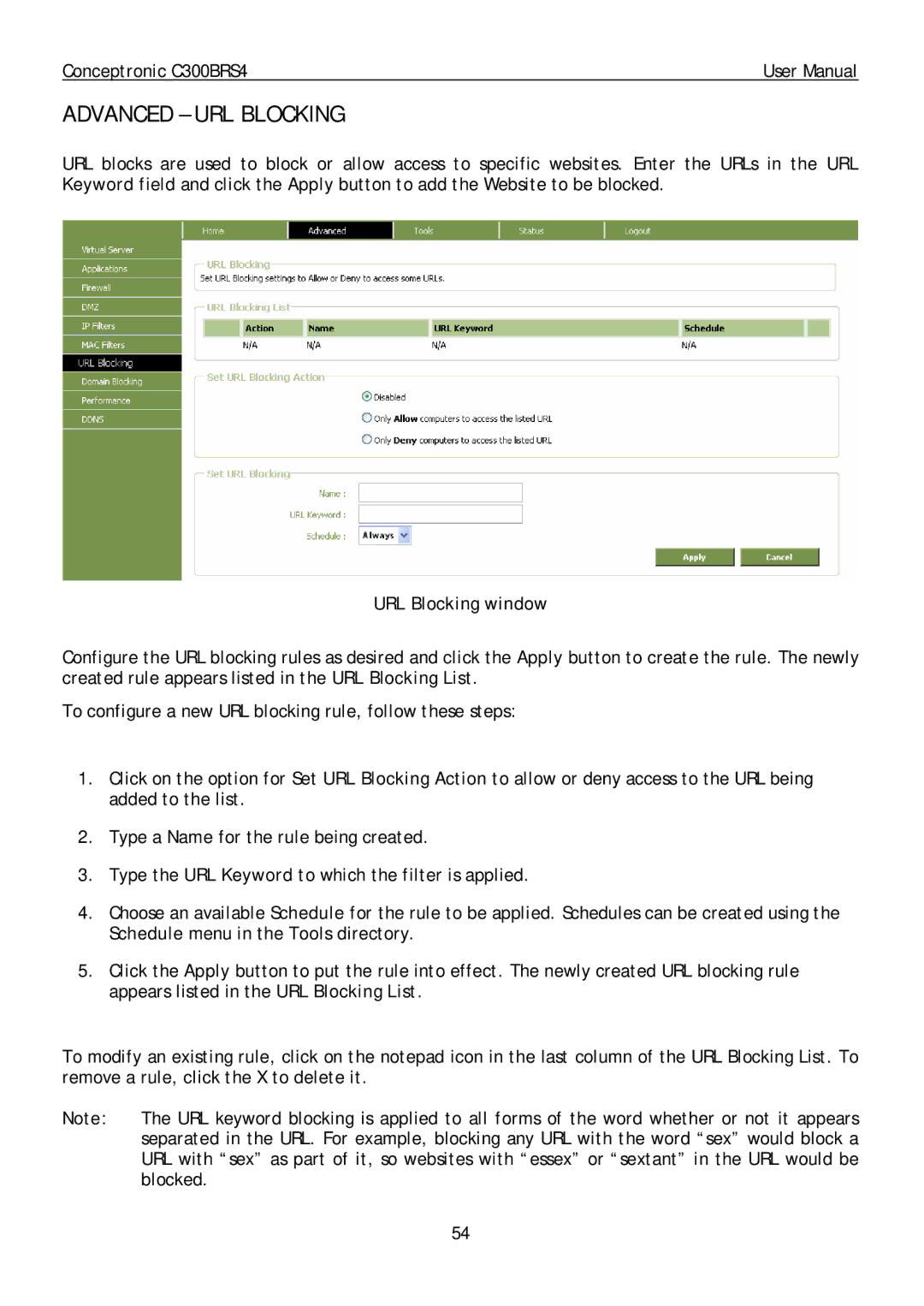 Conceptronic C300BRS4 user manual Advanced URL Blocking, URL Blocking window 