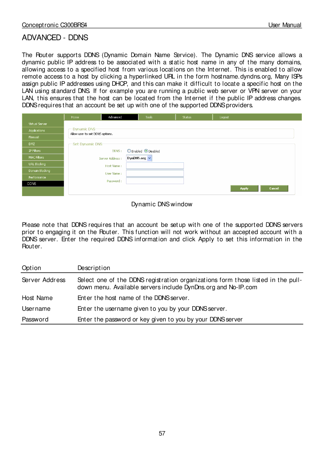 Conceptronic C300BRS4 user manual Advanced Ddns, Dynamic DNS window, Option Description Server Address 