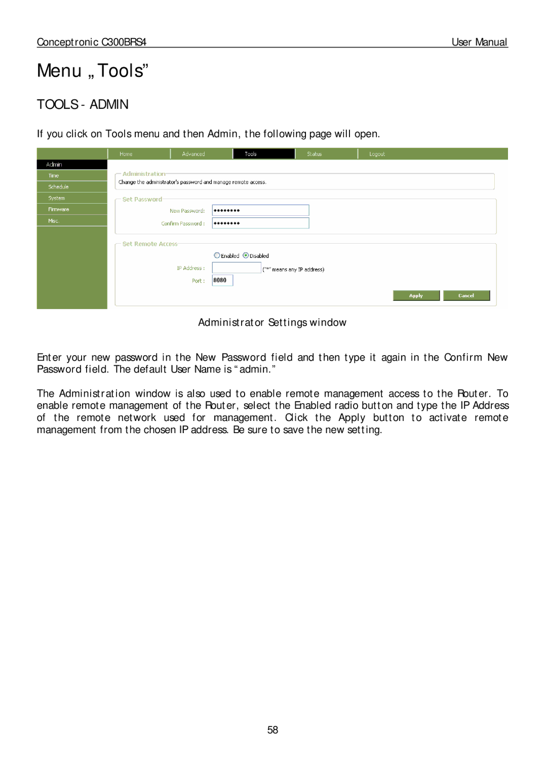 Conceptronic C300BRS4 user manual Menu „Tools, Tools Admin, Administrator Settings window 