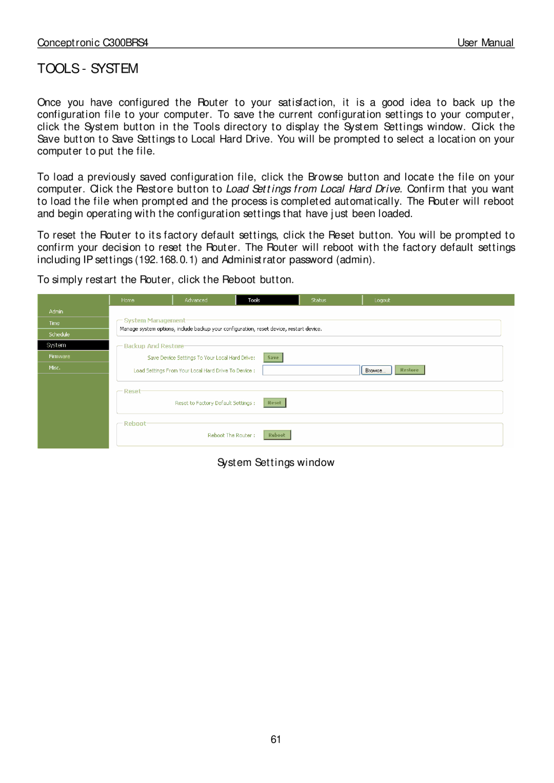 Conceptronic C300BRS4 user manual Tools System, System Settings window 