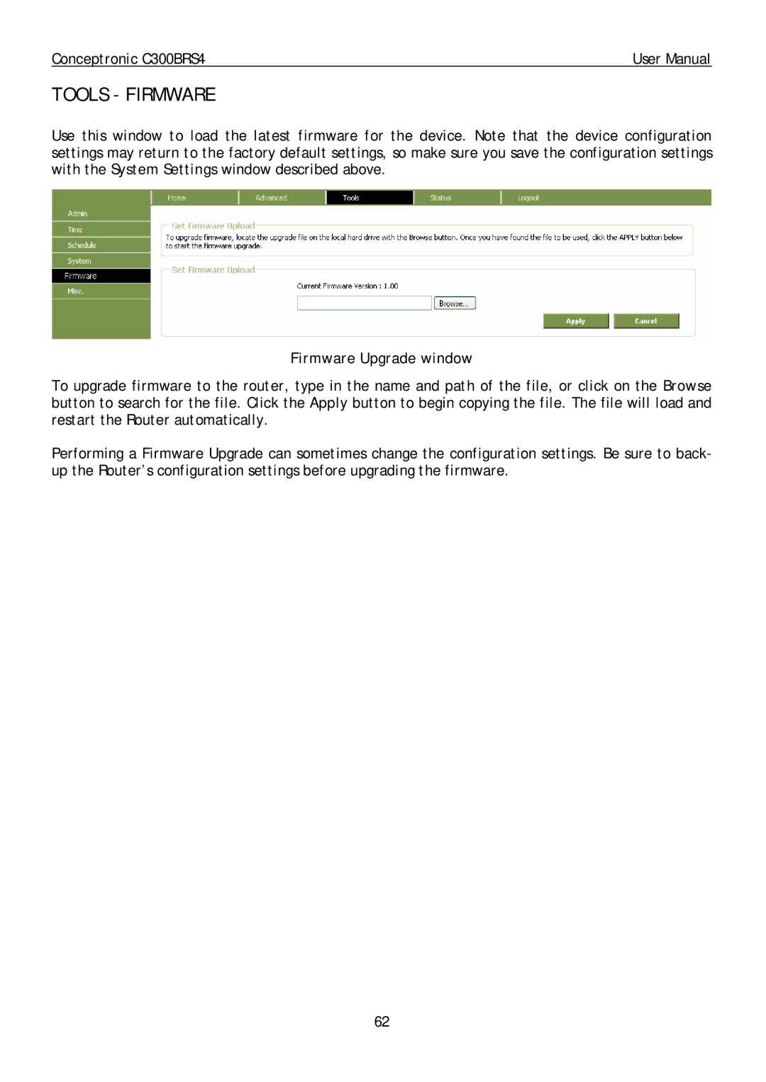 Conceptronic C300BRS4 user manual Tools Firmware, Firmware Upgrade window 