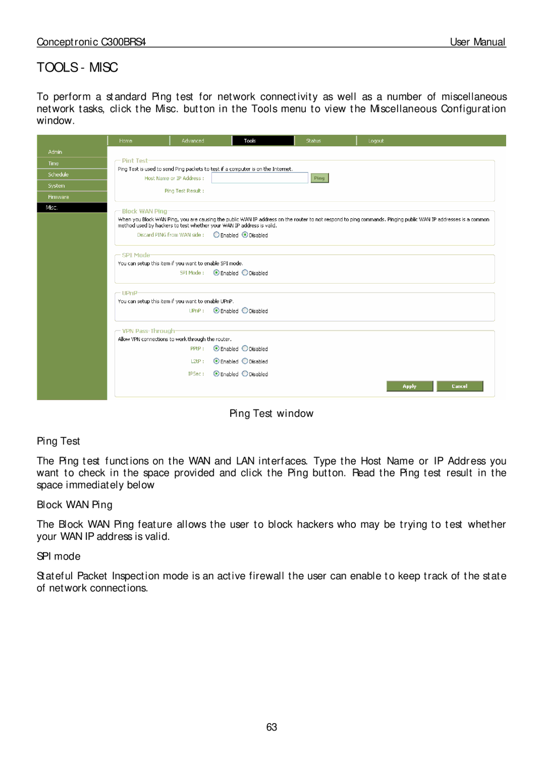 Conceptronic C300BRS4 user manual Tools Misc, Ping Test window, Block WAN Ping, SPI mode 