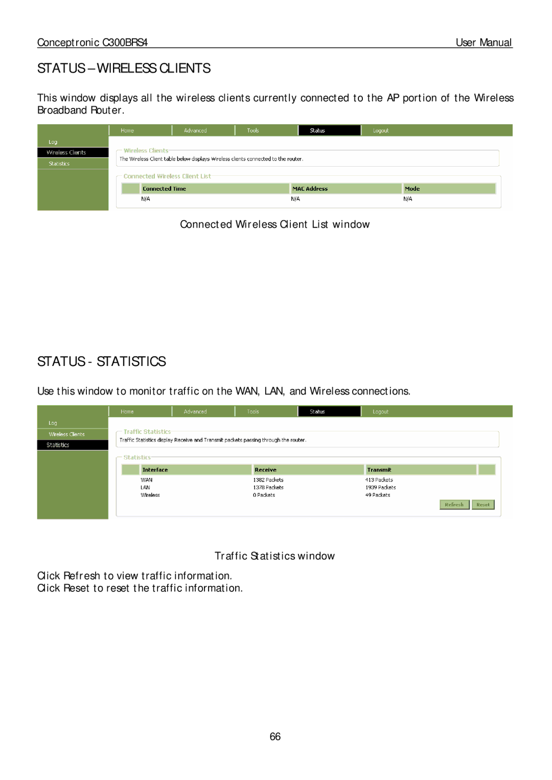 Conceptronic C300BRS4 user manual Status Wireless Clients, Status Statistics, Connected Wireless Client List window 