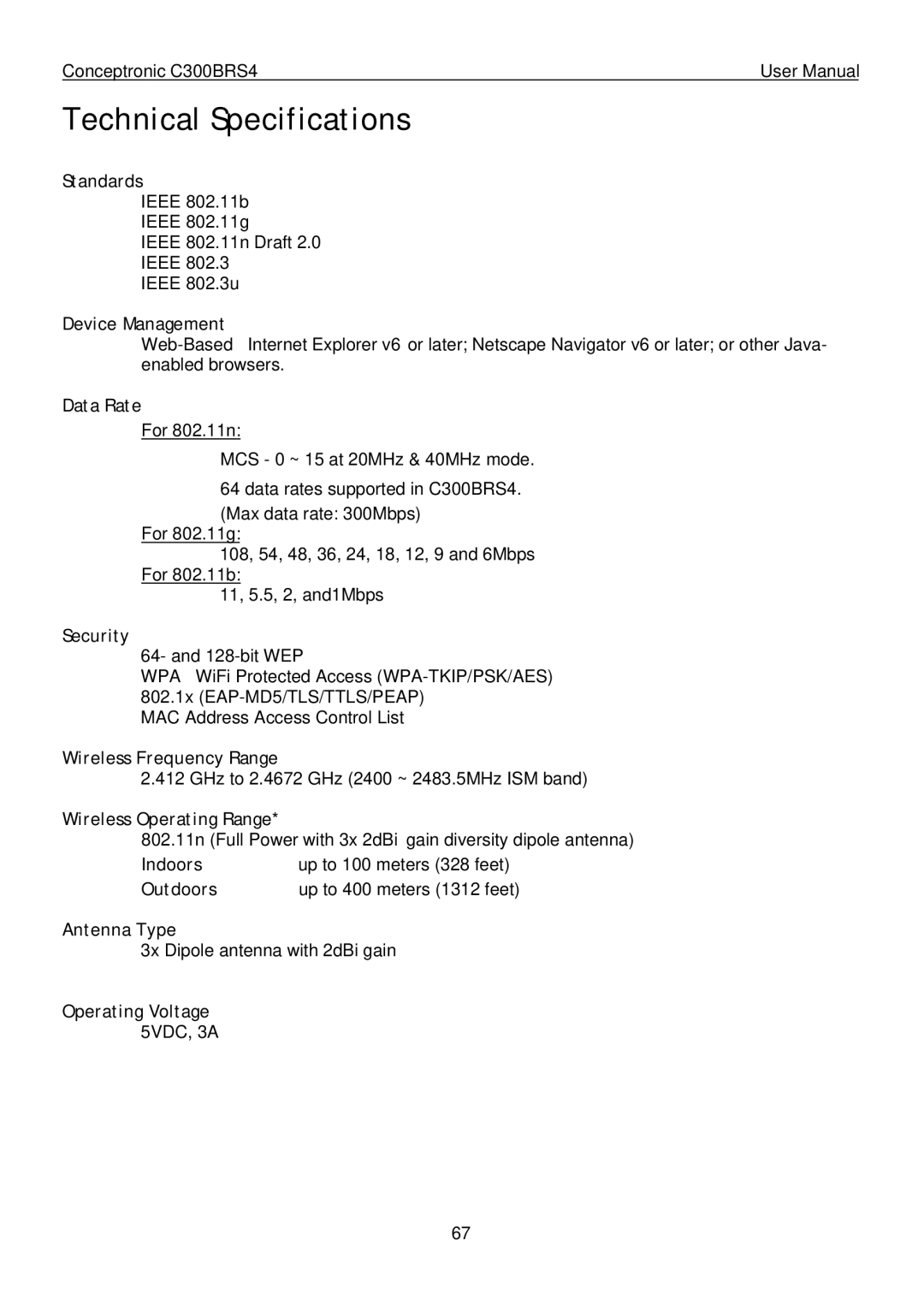 Conceptronic C300BRS4 user manual Technical Specifications 