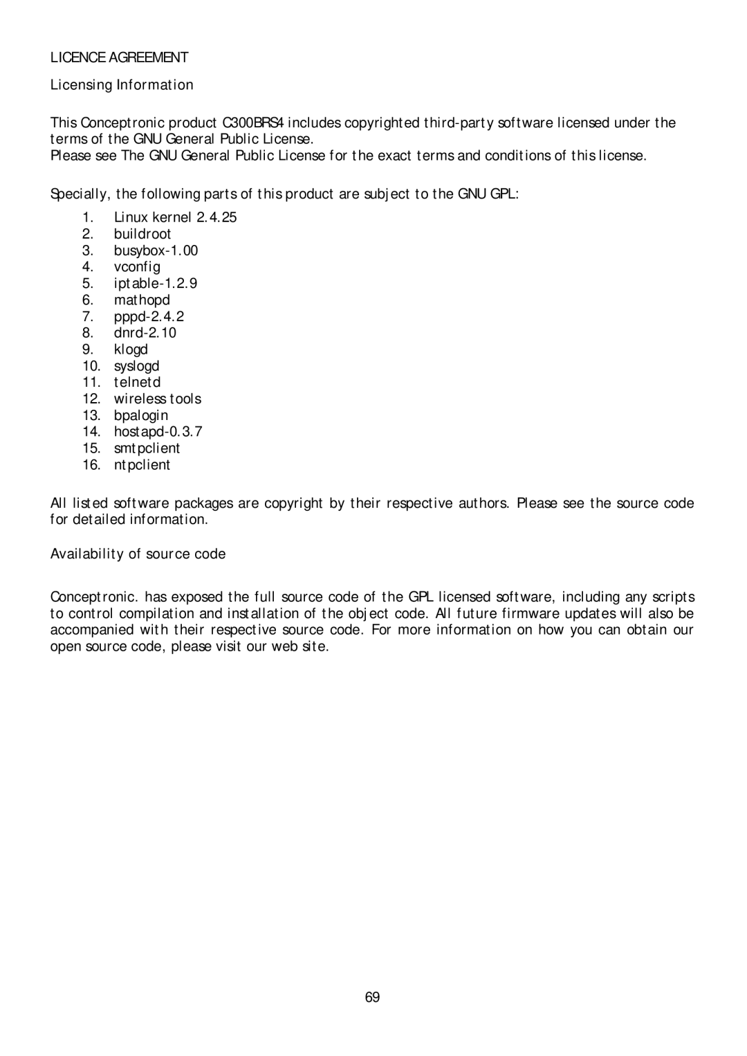 Conceptronic C300BRS4 user manual Licence Agreement, Licensing Information, Availability of source code 