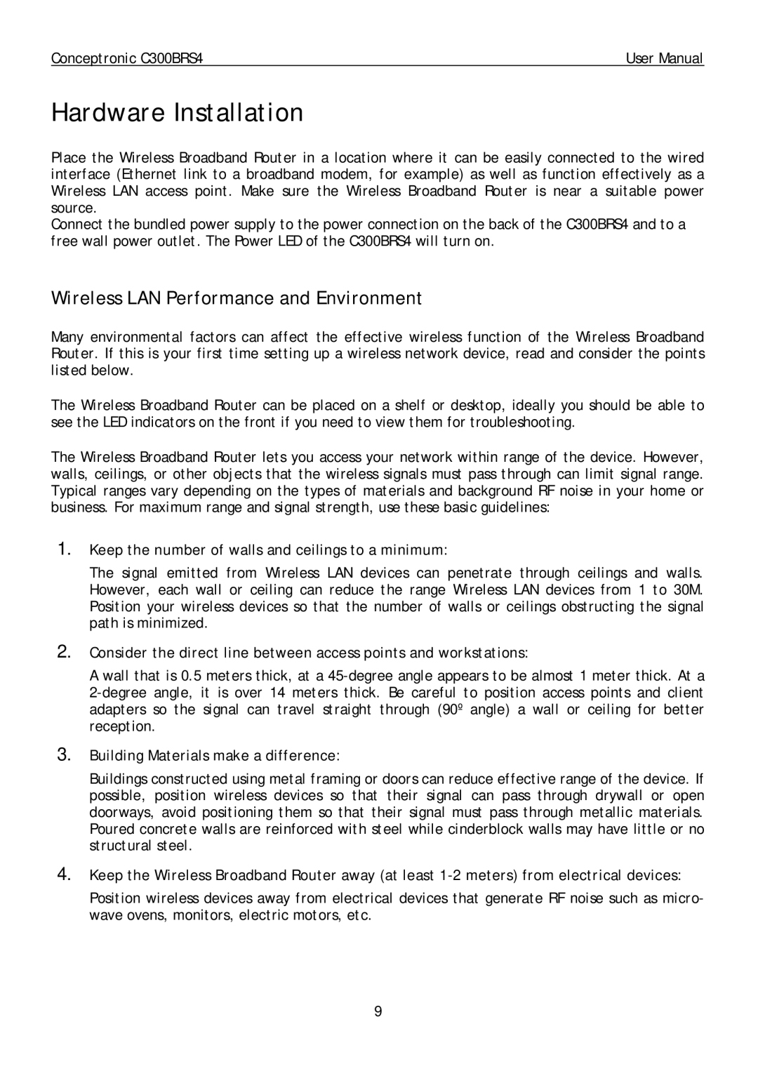Conceptronic C300BRS4 user manual Hardware Installation, Wireless LAN Performance and Environment 