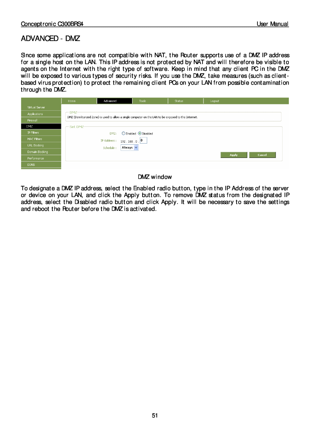 Conceptronic C300BRS4 user manual Advanced - Dmz, DMZ window 