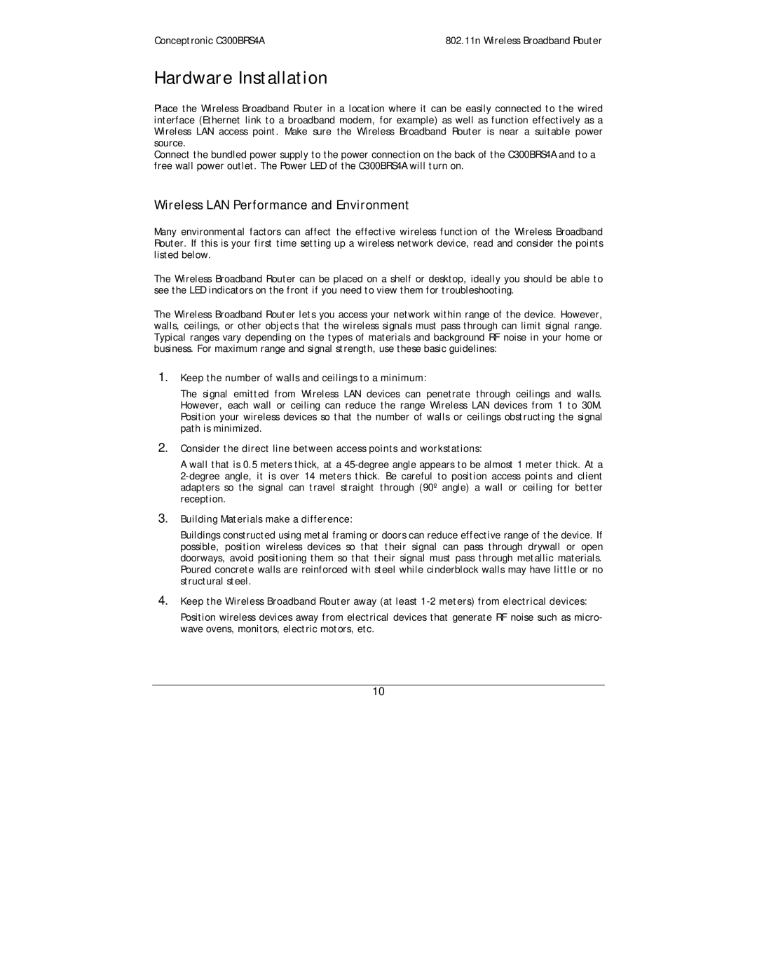 Conceptronic C300BRS4A user manual Hardware Installation, Wireless LAN Performance and Environment 