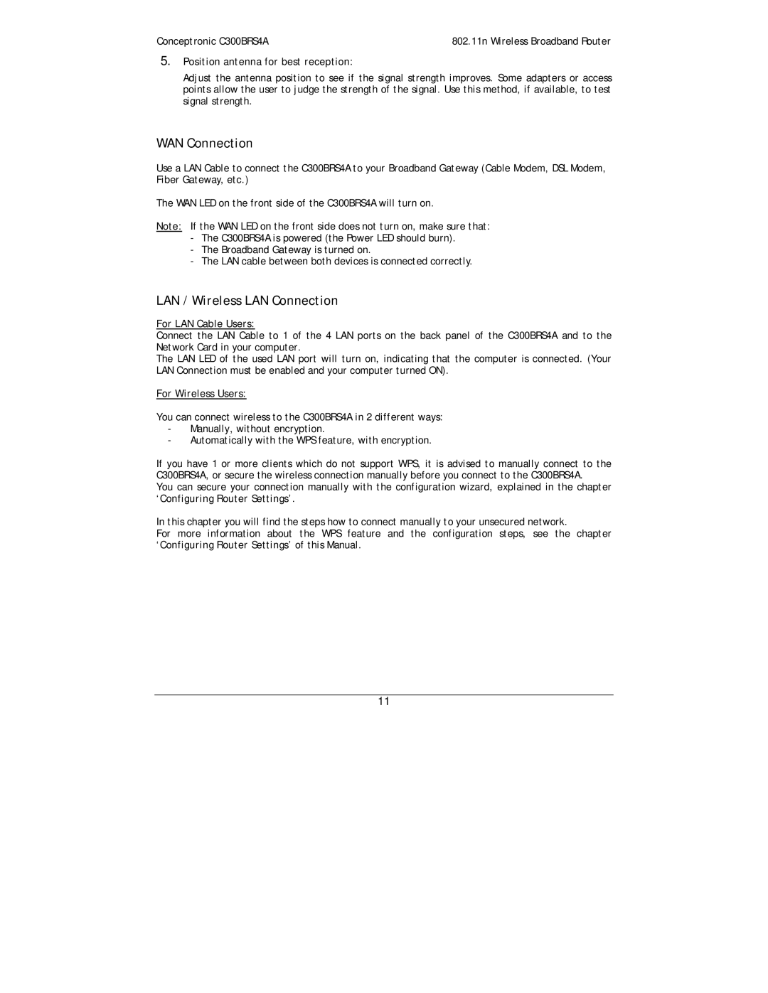 Conceptronic C300BRS4A user manual WAN Connection, LAN / Wireless LAN Connection, Position antenna for best reception 