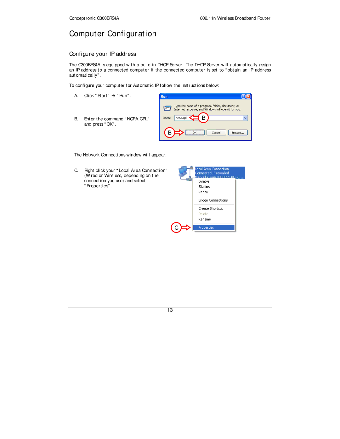 Conceptronic C300BRS4A user manual Computer Configuration, Configure your IP address 