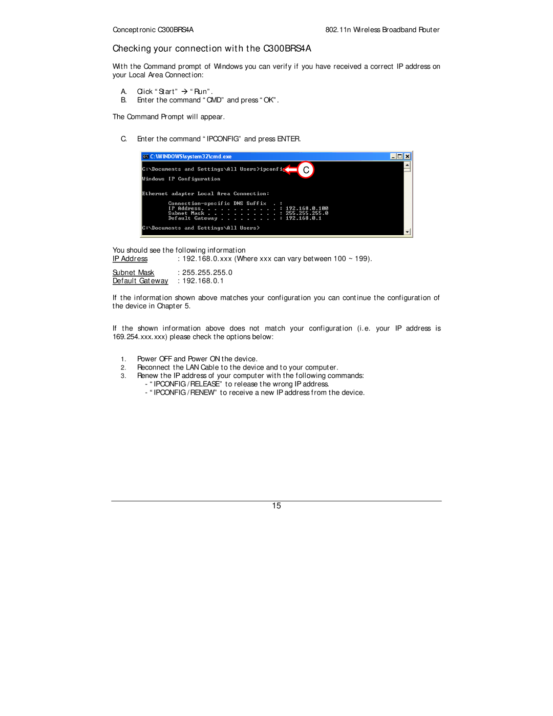 Conceptronic user manual Checking your connection with the C300BRS4A, IP Address 