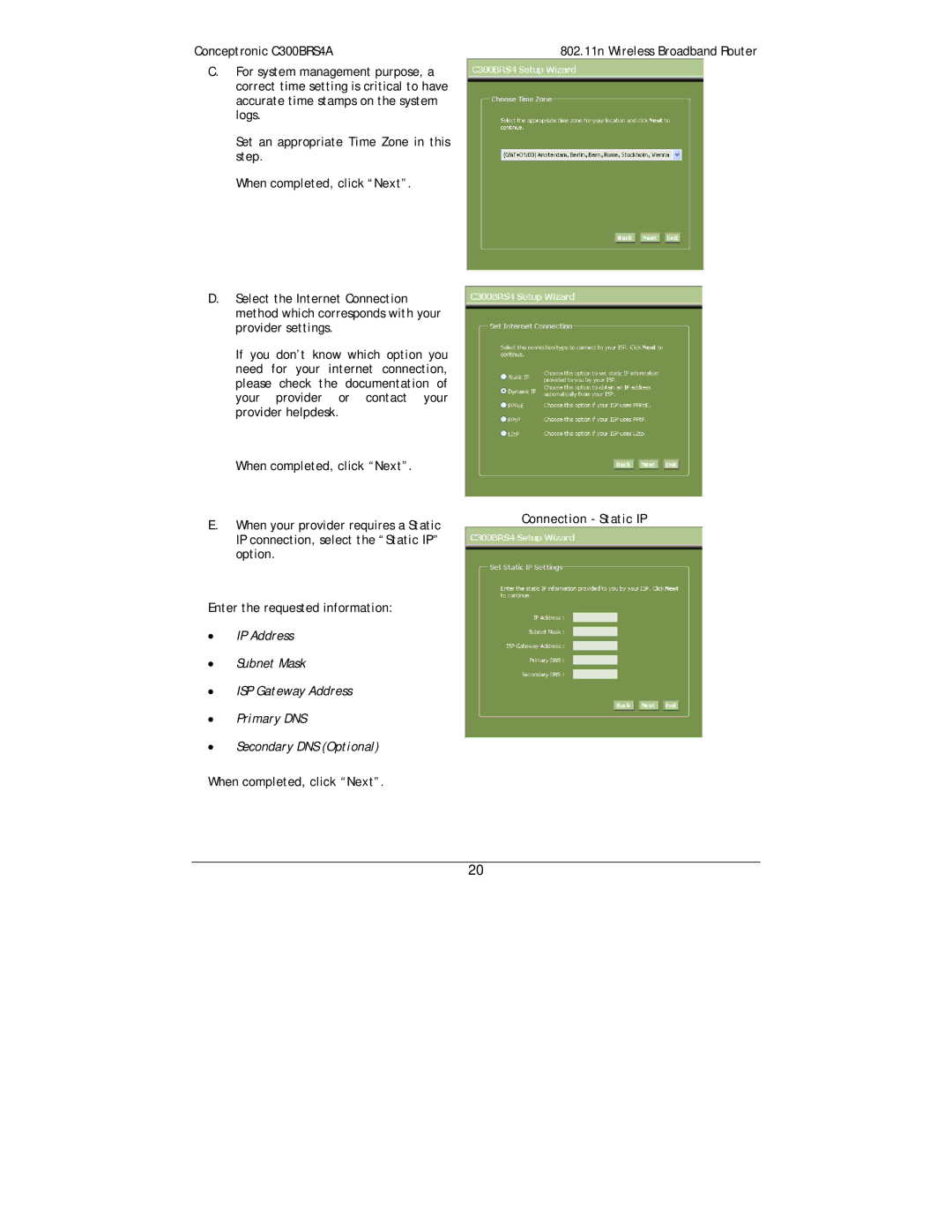 Conceptronic C300BRS4A user manual Connection Static IP 