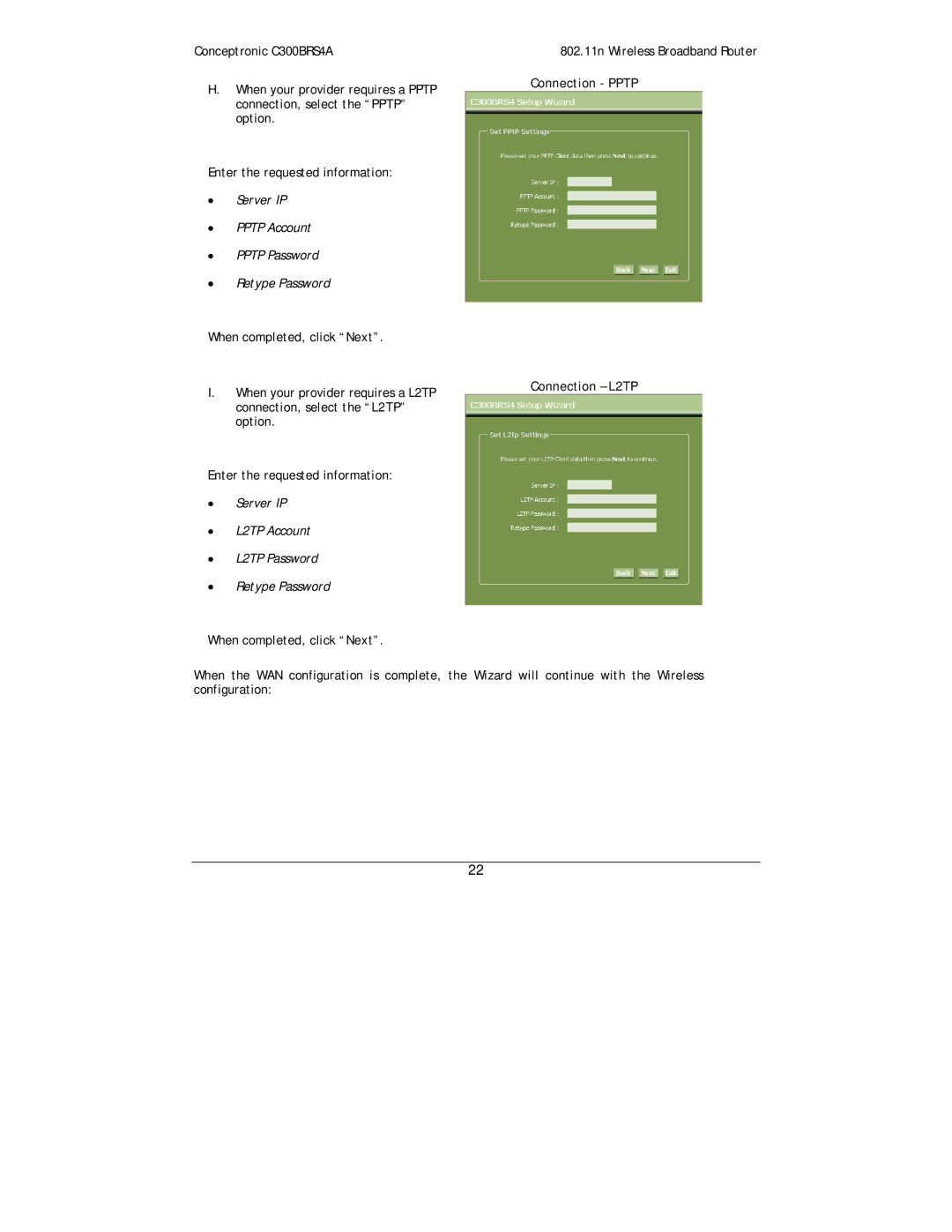 Conceptronic C300BRS4A user manual Server IP Pptp Account Pptp Password Retype Password, Connection Pptp Connection L2TP 