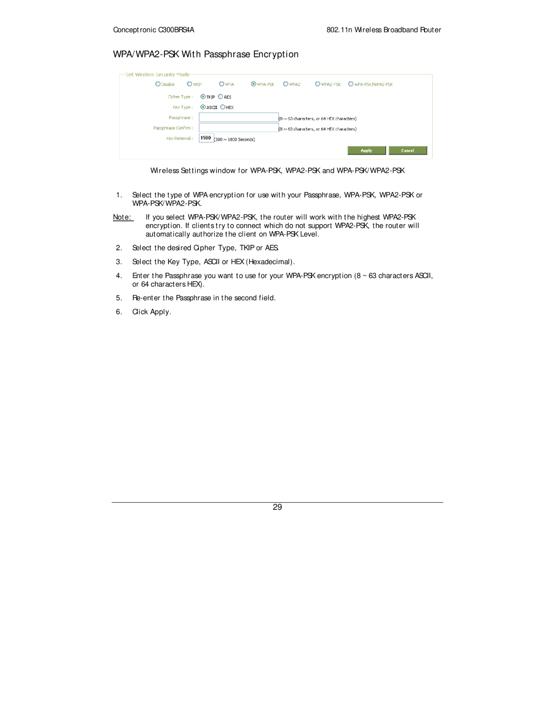 Conceptronic C300BRS4A user manual WPA/WPA2-PSK With Passphrase Encryption 