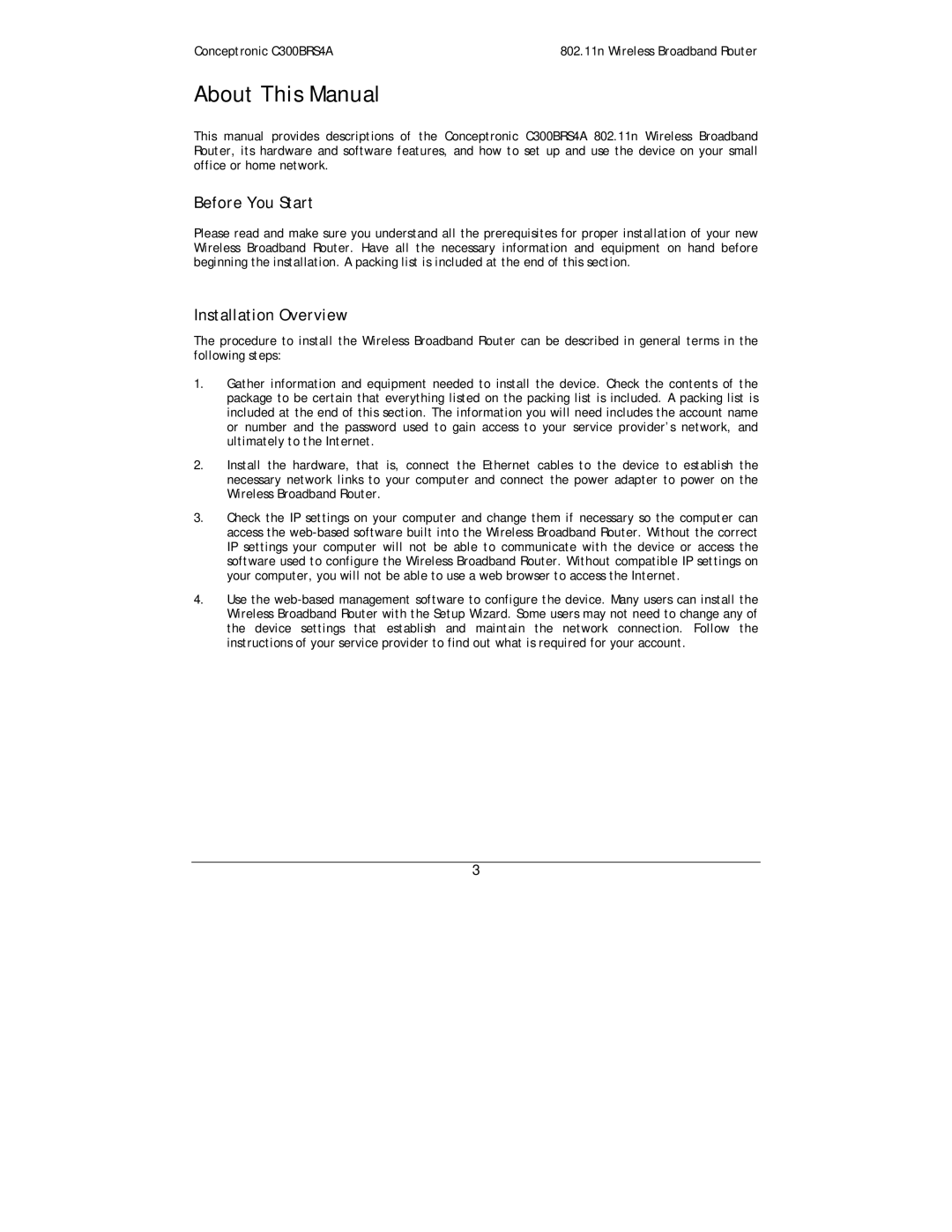 Conceptronic C300BRS4A user manual About This Manual, Before You Start, Installation Overview 