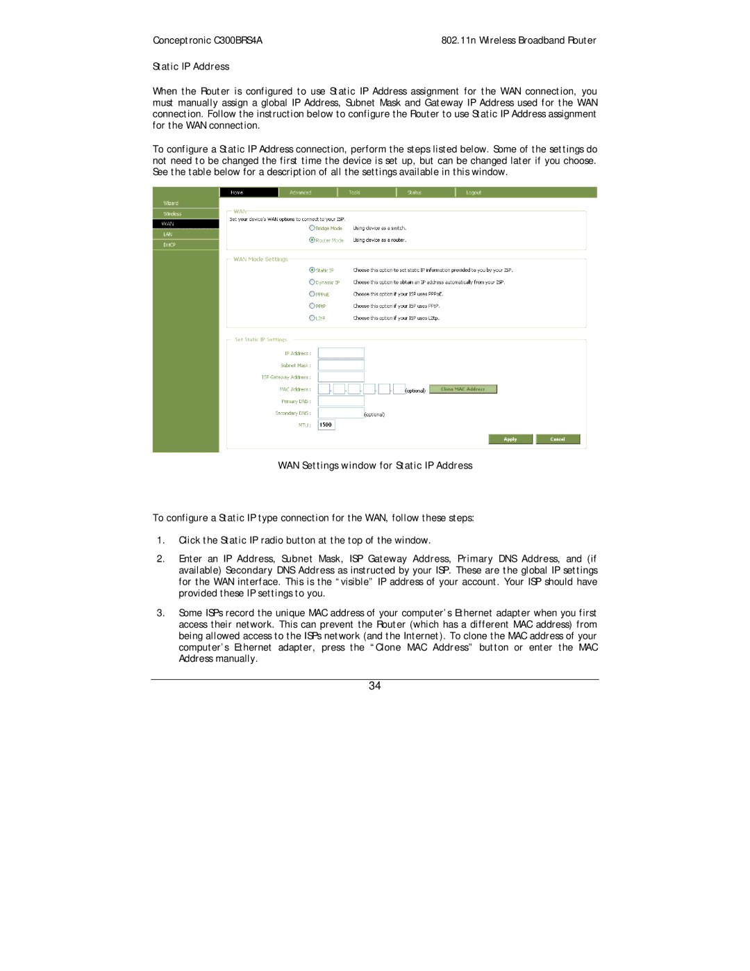 Conceptronic C300BRS4A user manual WAN Settings window for Static IP Address 